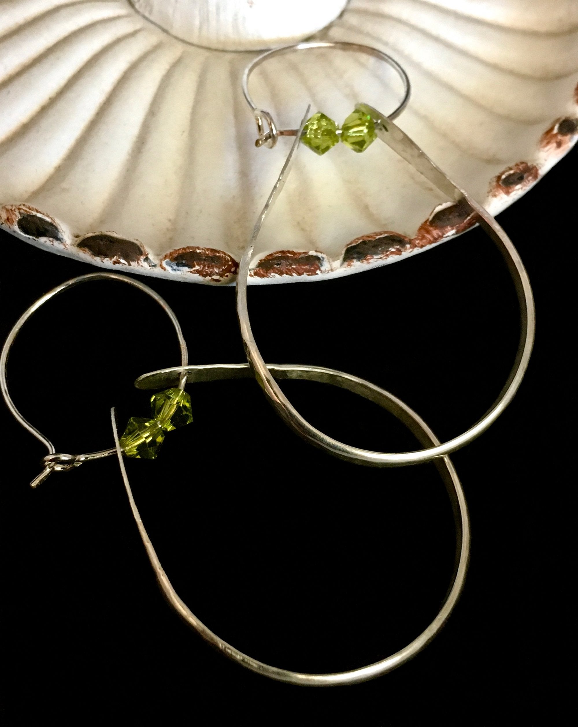 Hammered Sterling Silver Womens Double Hoop Earrings With Green Swarovski Crystals