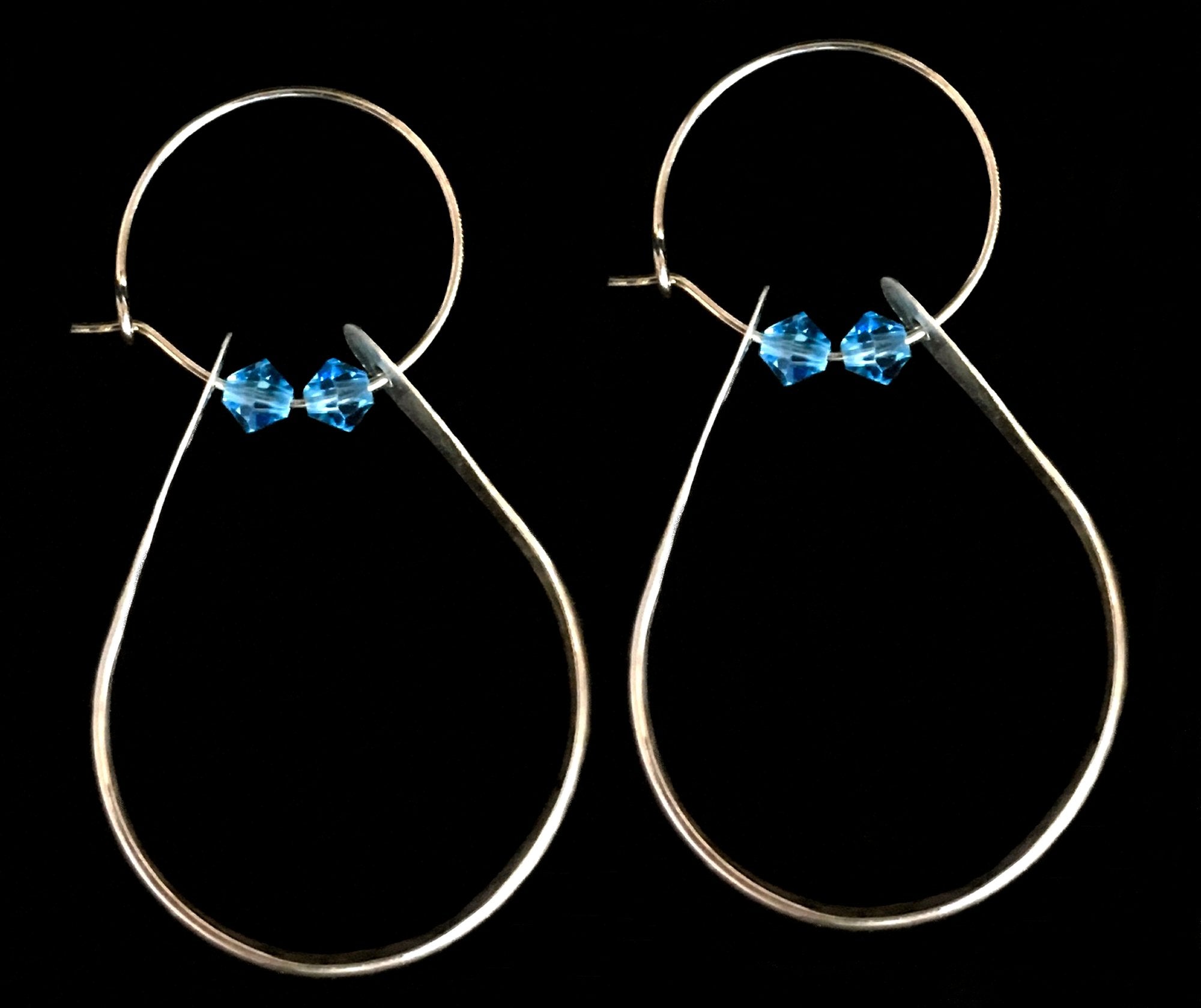 Hammered Sterling Silver Womens Double Hoop Earrings With Ice Blue Swarovski Crystals