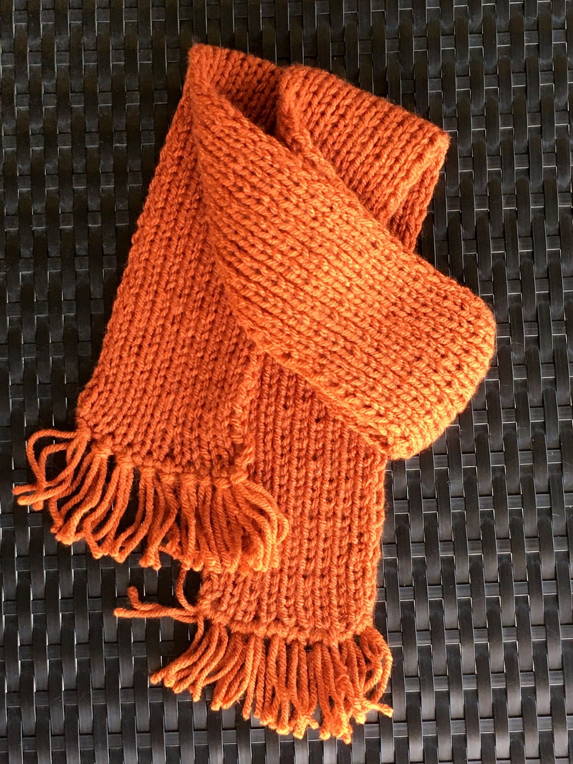Kids Hand Knit Burnt Orange Scarf With Fringe