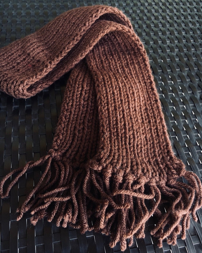 Kids Hand Knit Chocolate Brown Scarf With Fringe