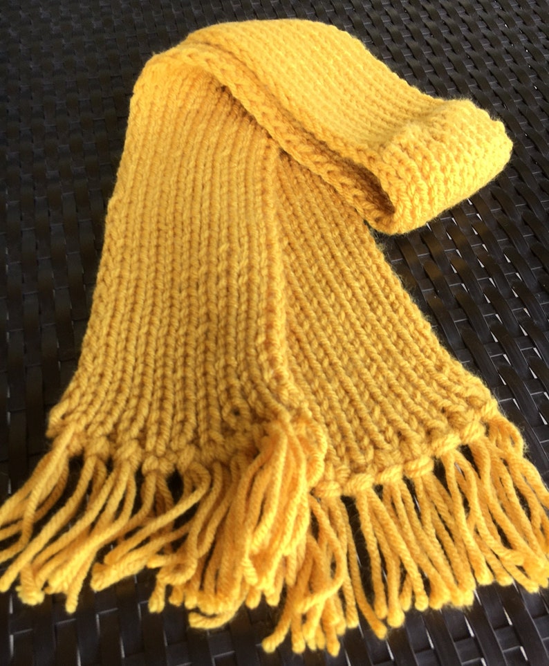 Kids Hand Knit Yellow Curry Color Scarf With Fringe