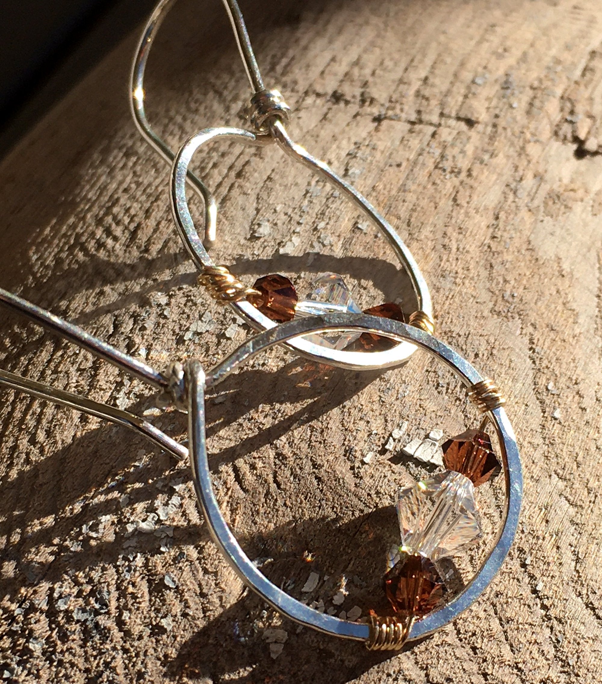 Hammered Sterling Silver Forward Facing Hoop Earrings Brown & Clear Swarovski Crystals 14K Gold Wire