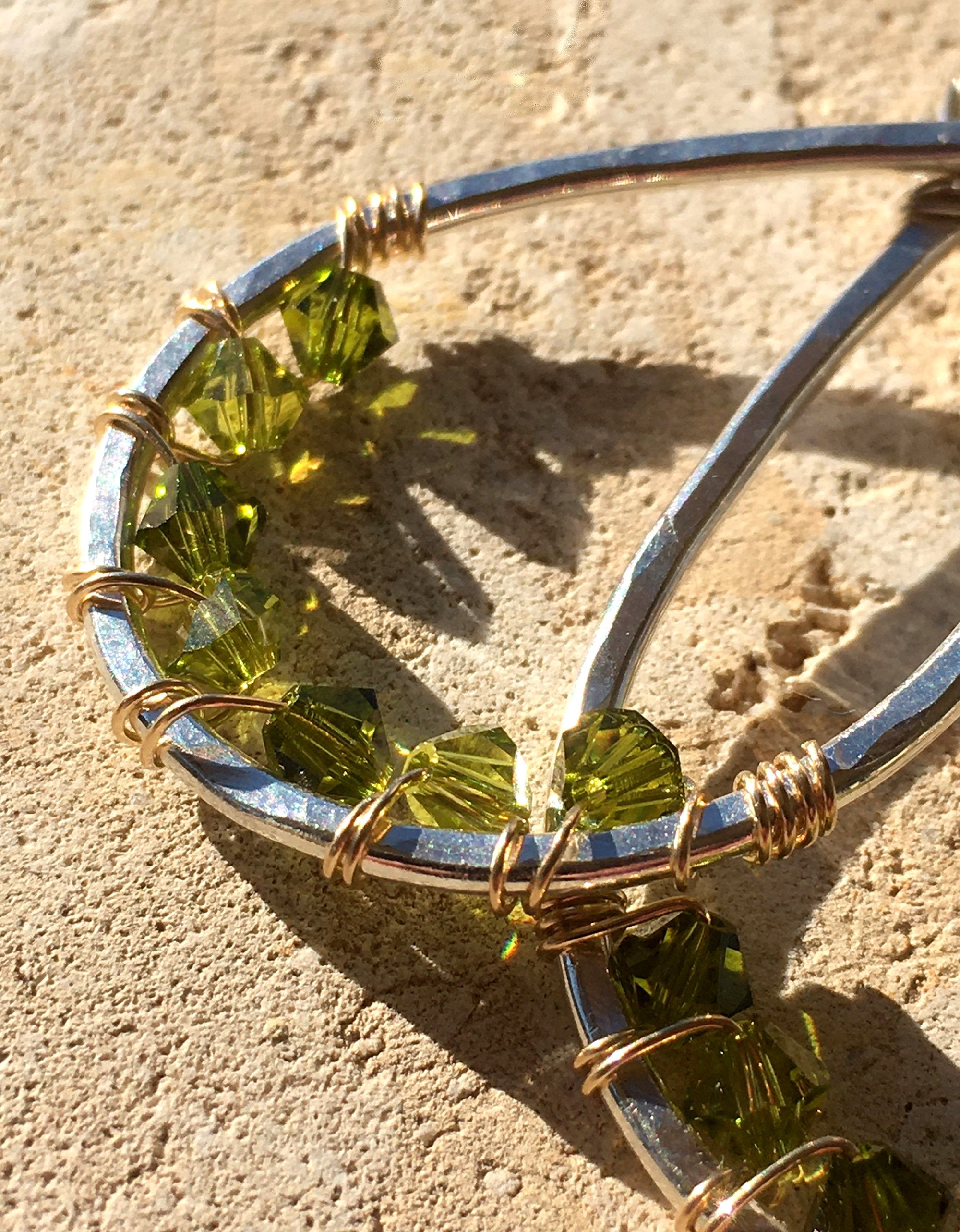 Hammered Sterling Silver Wire Wrap Womens Teardrop Earrings Olive Swarovski Crystals