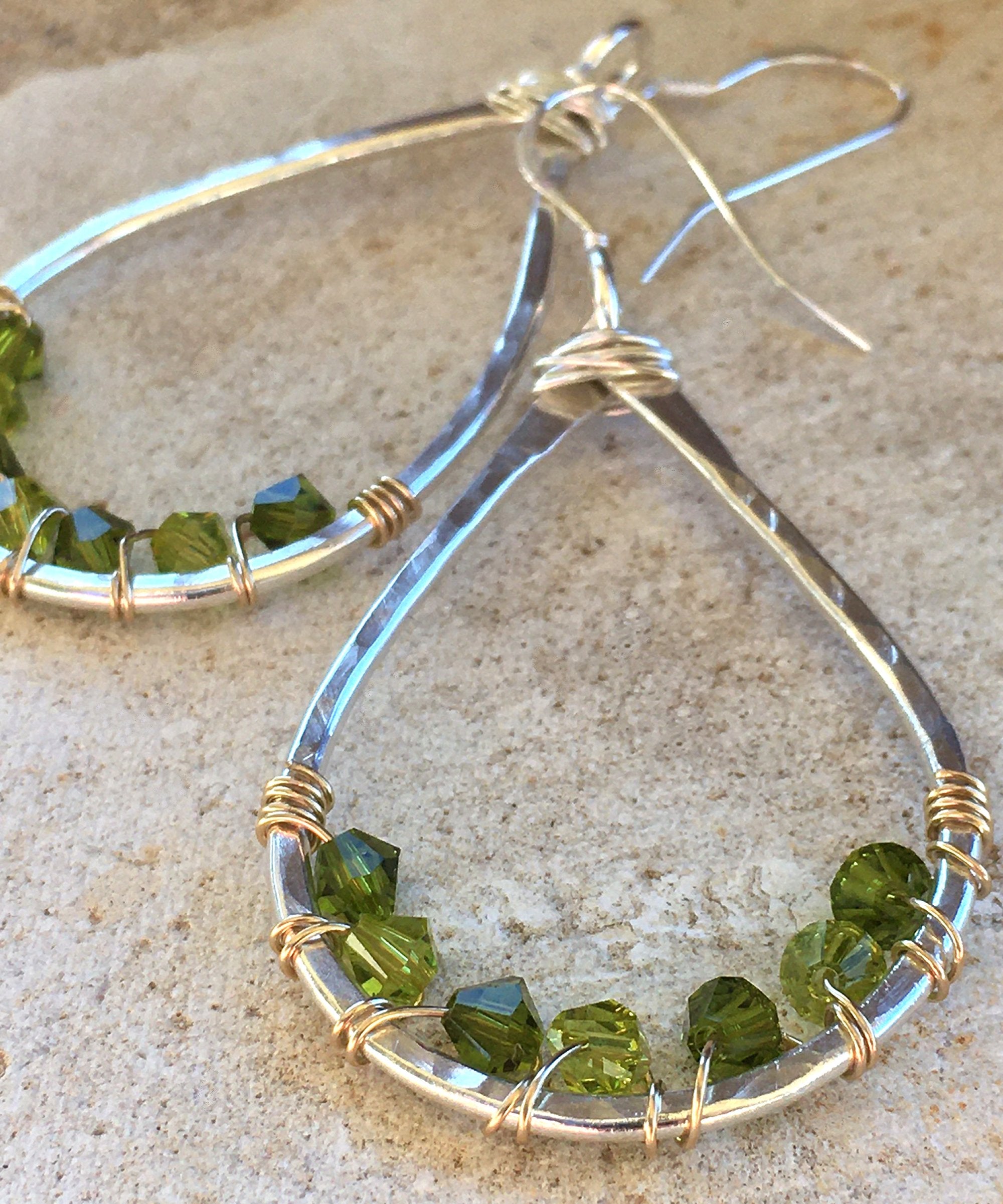 Hammered Sterling Silver Wire Wrap Womens Teardrop Earrings Olive Swarovski Crystals