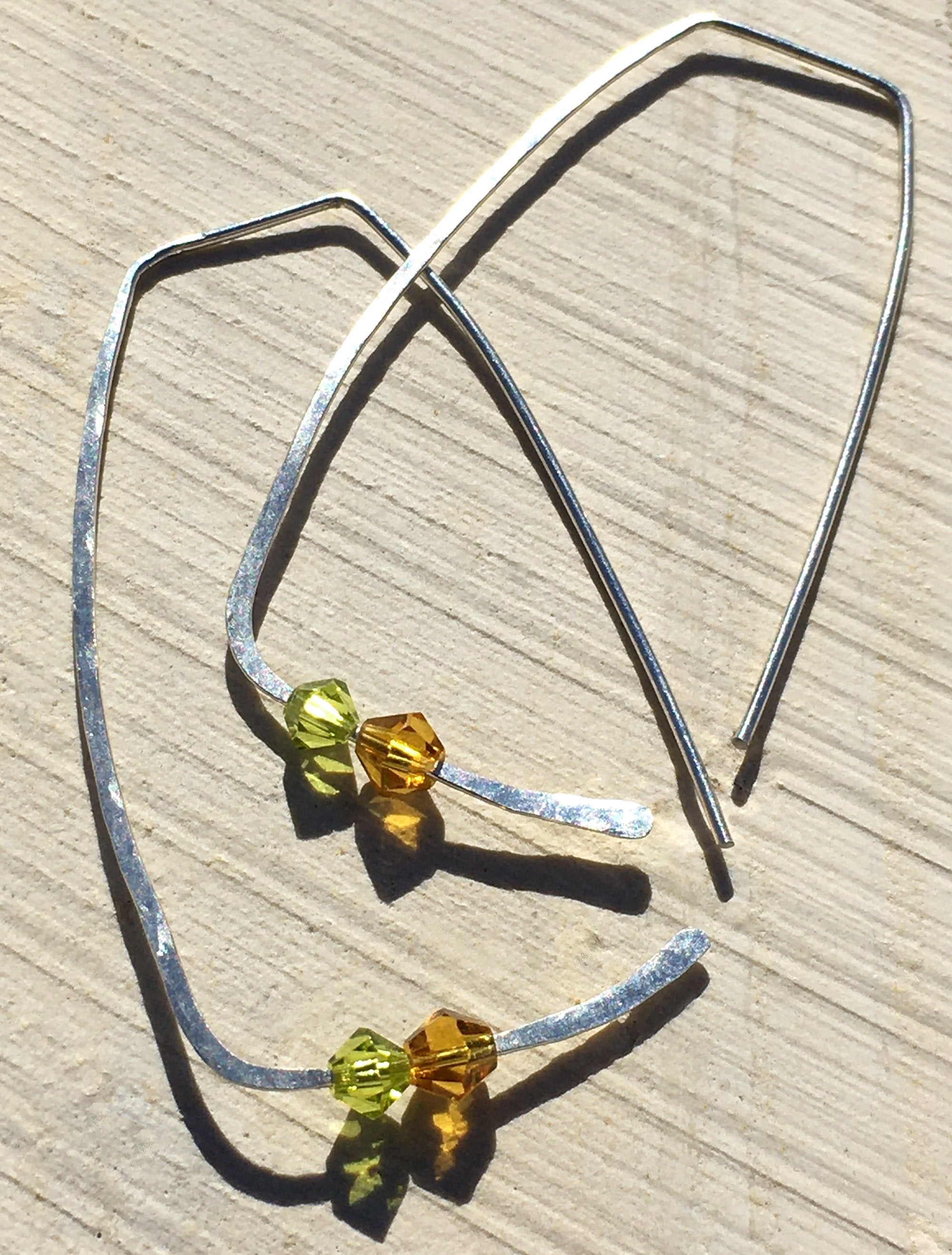 Hammered Sterling Silver Womens Rectangle Hoop Earrings Amber & Green Swarovski Crystals