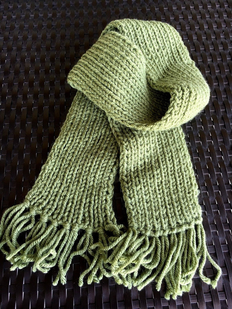 Kids Hand Knit Sage Green Scarf With Fringe