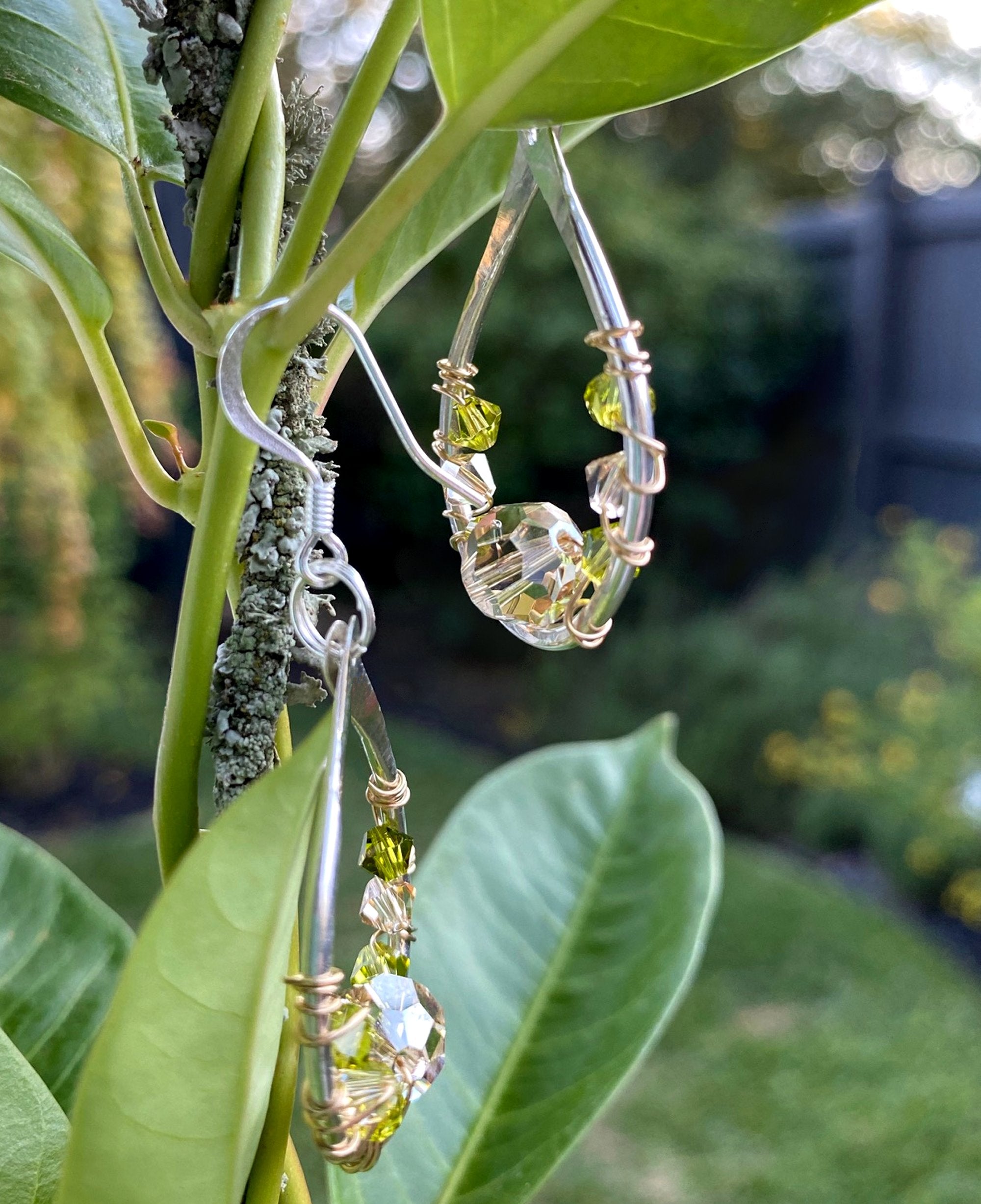 Hammered Sterling Silver 14K Gold Wire Teardrop Earrings Olive & Clear Beige Swarovski Crystals