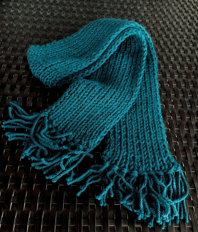 Kids Hand Knit Teal Blue Color Scarf With Fringe