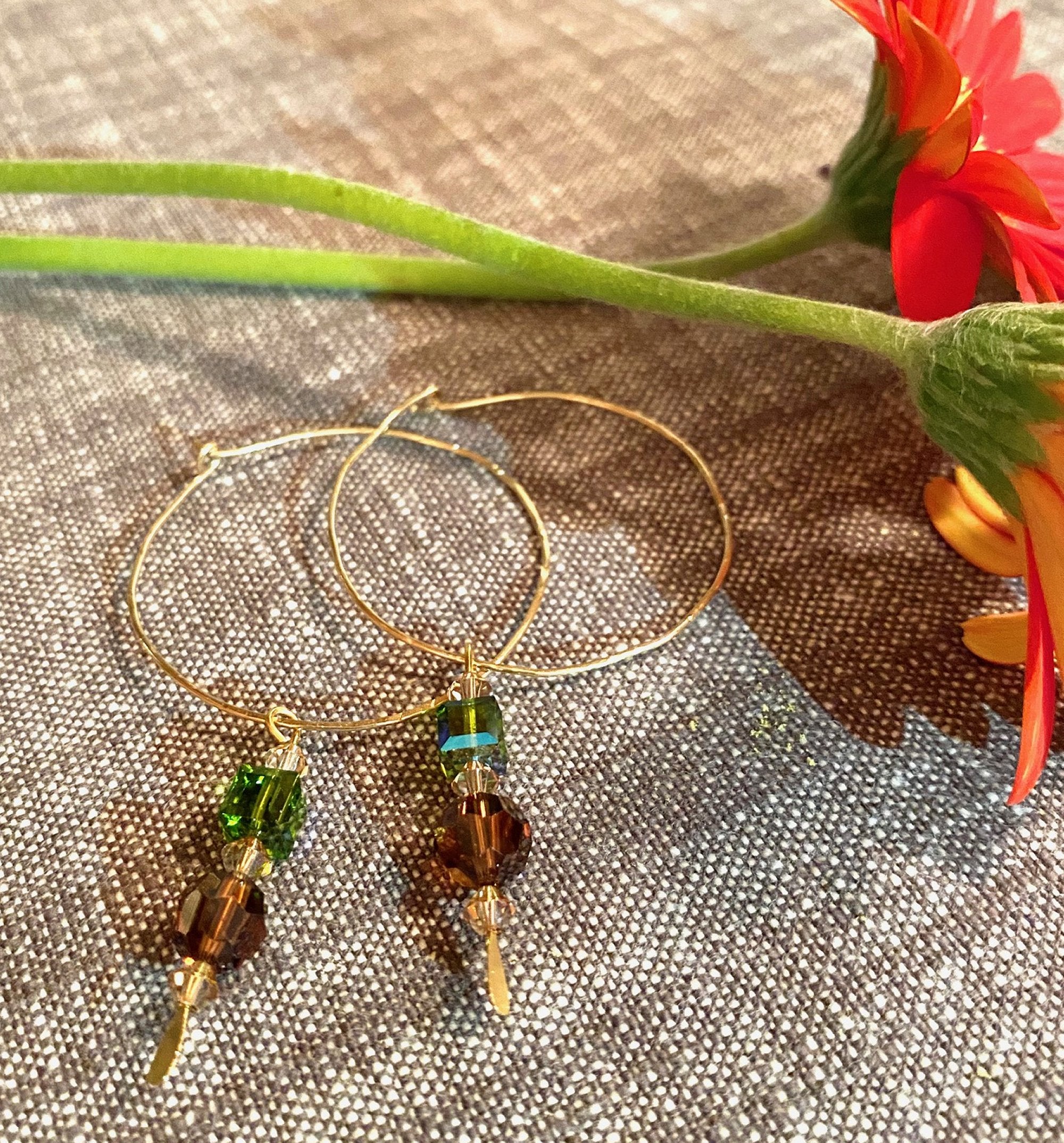 Hammered Gold Womens Wire Hoop Earrings With Swarovski Crystals