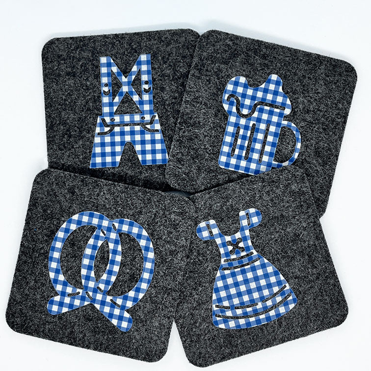 Wool Biergarten German Coasters Charcoal Blue Gingham Set of 4