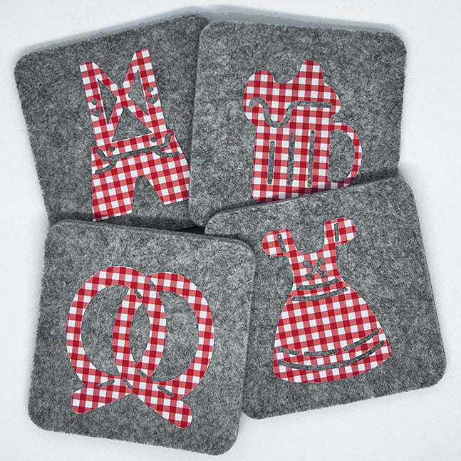 Wool Biergarten German Coasters Lt Heather Red Gingham Set of 4