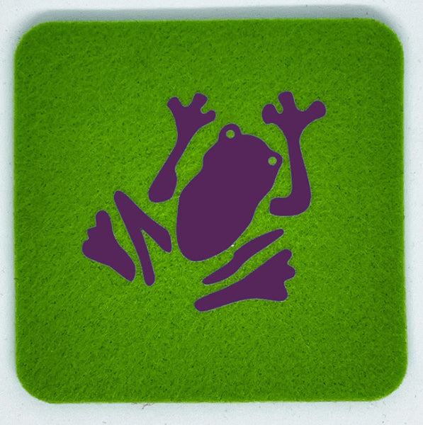 Closeup product image of a bright apple green square wool coaster with a purple frog design centered on it