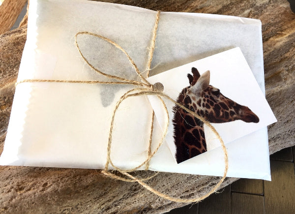 Product image of a white paper envelope on top of a piece of petrified wood with twine bow and gift tag with image of a giraffe head