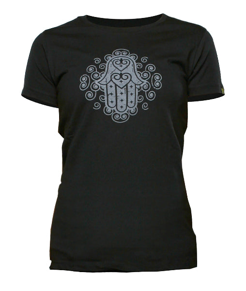 Product image front view of women's black short sleeve t-shirt with grey yoga inspired printed chest graphic 