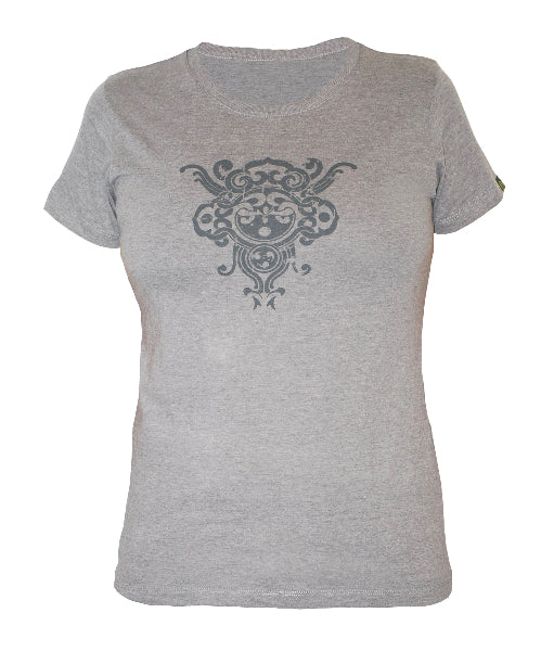 Front view product image of a women's short sleeve graphic t-shirt with a dark grey printed henna like design on chest