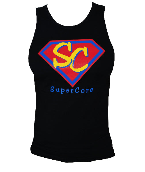 Front view product image of a black tank top with a red, blue and yellow graphic printed on the chest and the words super core in blue