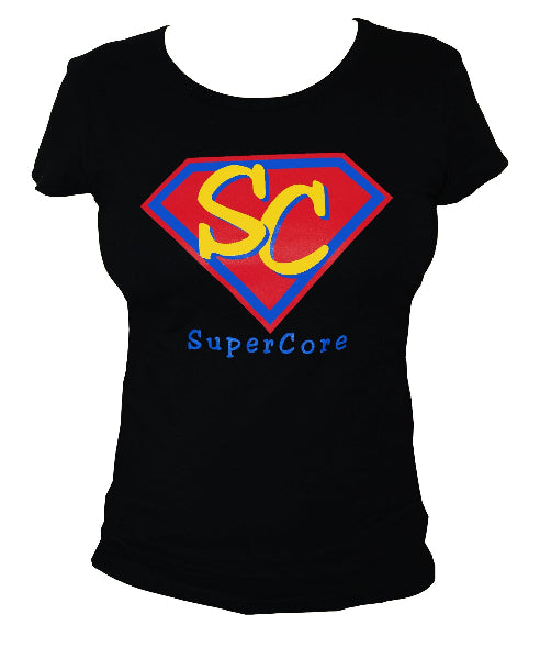 Front view product image of a women's black cap sleeve t-shirt with a red, yellow and blue graphic printed on the chest and the words super core in blue