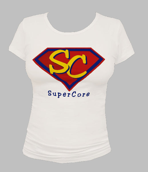 Front view of a white women's cap sleeve t-shirt with a graphic design printed on the chest in red, blue and yellow and the words Super Core printed in blue