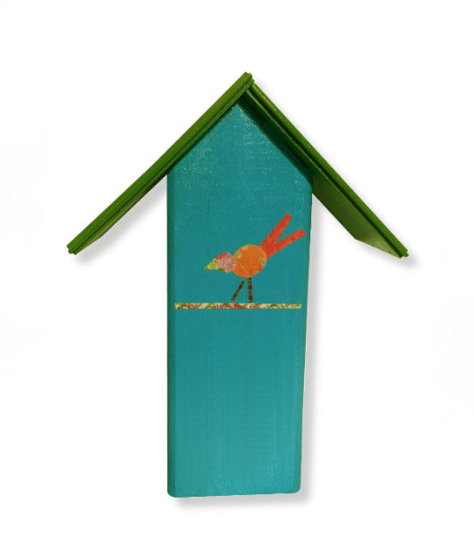 Back view product image of aqua turquoise color decorative birdhouse with decoupaged whimsical bird design and green wooden roof