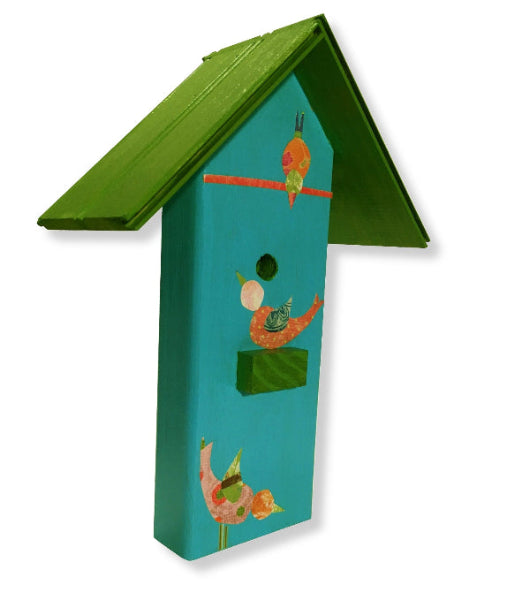 Side view product image of aqua turquoise color decorative birdhouse with decoupaged whimsical bird design and green wooden roof 