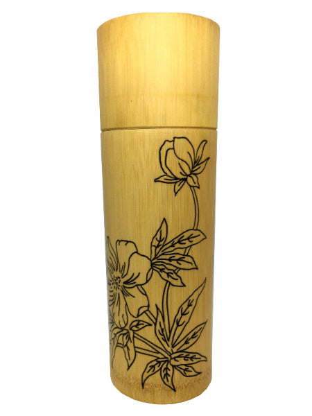 Product image of a bamboo container with hand drawn flower design on a white background