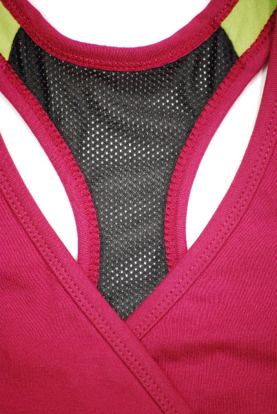 Closeup detail product image of black mesh racer back detail on a crossover wine color tank top