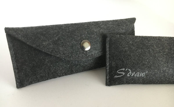 Closeup product image of a charcoal grey color wool travel case with a snap for stainless-steel s'draw