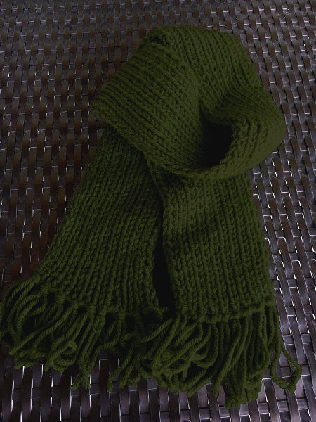 Kids Hand Knit Dk Olive Scarf With Fringe