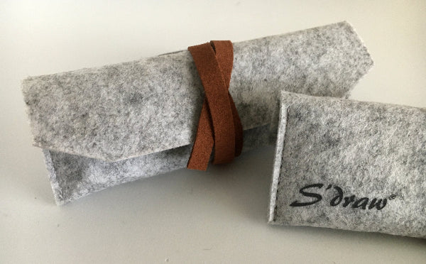 Closeup product image of a light grey heather wool travel case with a faux leather strap and the word S'draw printed on the outside