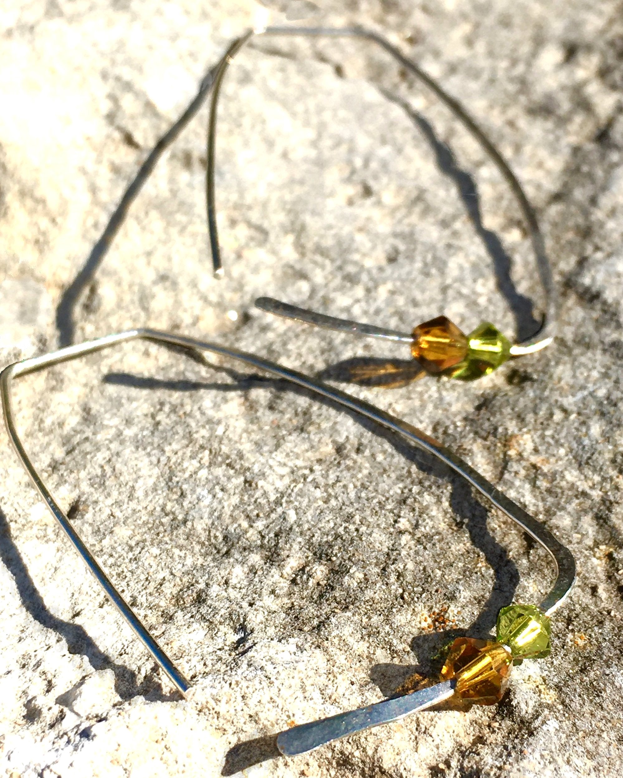 Hammered Sterling Silver Womens Rectangle Hoop Earrings Amber & Green Swarovski Crystals