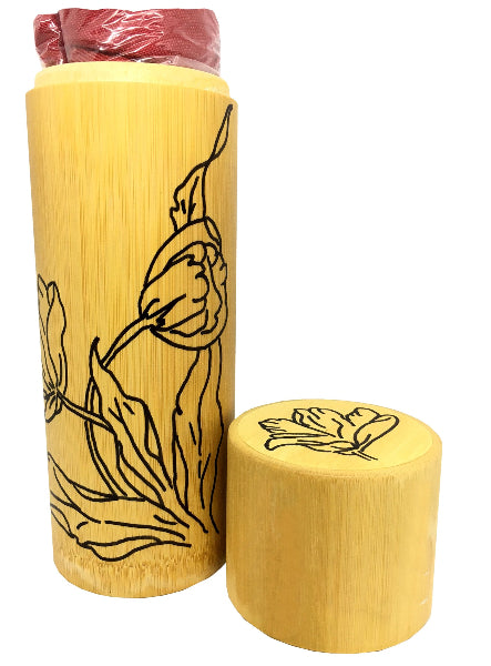 Closeup product image of a bamboo container with a lid and hand drawn tulip design around the outside of the bamboo container