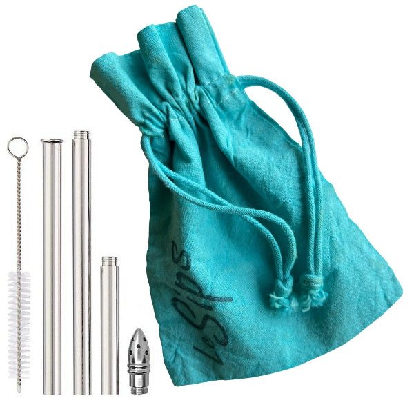 Closeup product image of stainless-steel metal extendable travel straw components, a wire handled straw cleaning brush and a hand dyed turquoise aqua color drawstring bag with the word LeSips stamped vertically on the fabric