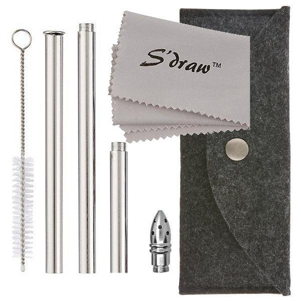 Closeup product image of stainless-steel straw components, wire straw cleaning brush, folded cleaning cloth with the word S'draw printed on it and a charcoal grey color wool travel case with a pewter snap