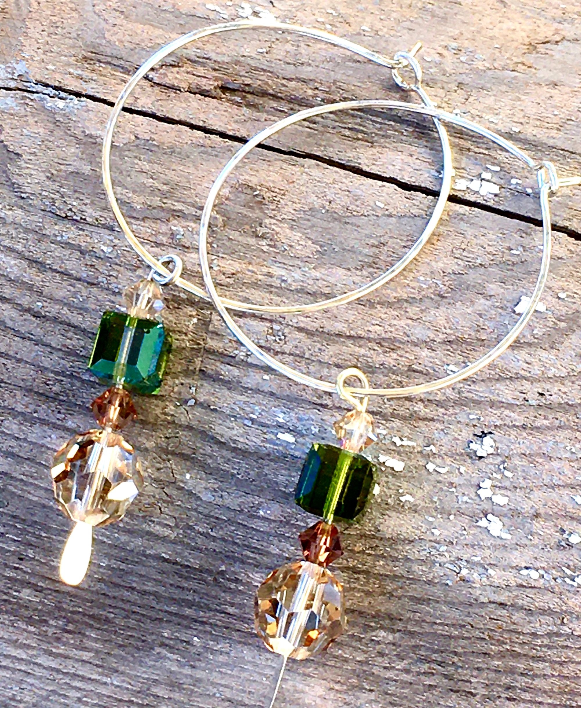 Hammered Sterling Silver Womens Wire Hoop Earrings Green Swarovski Crystals